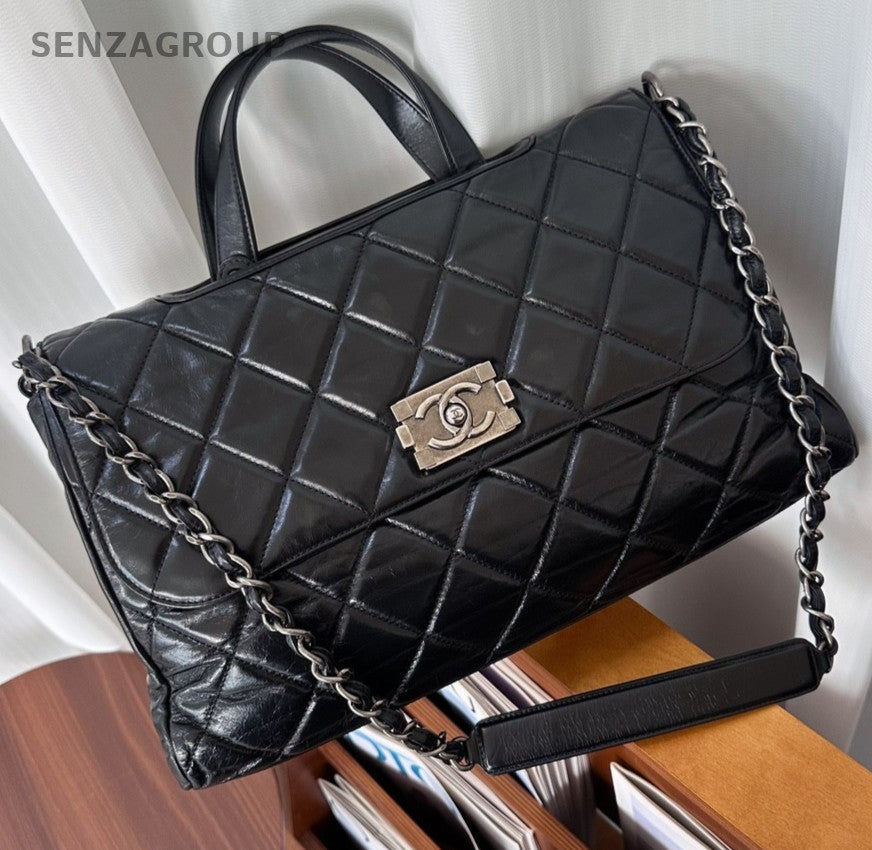 CHANEL Briefcase Top Handle Oil waxed leather Chain Shoulder Handbag Women Black