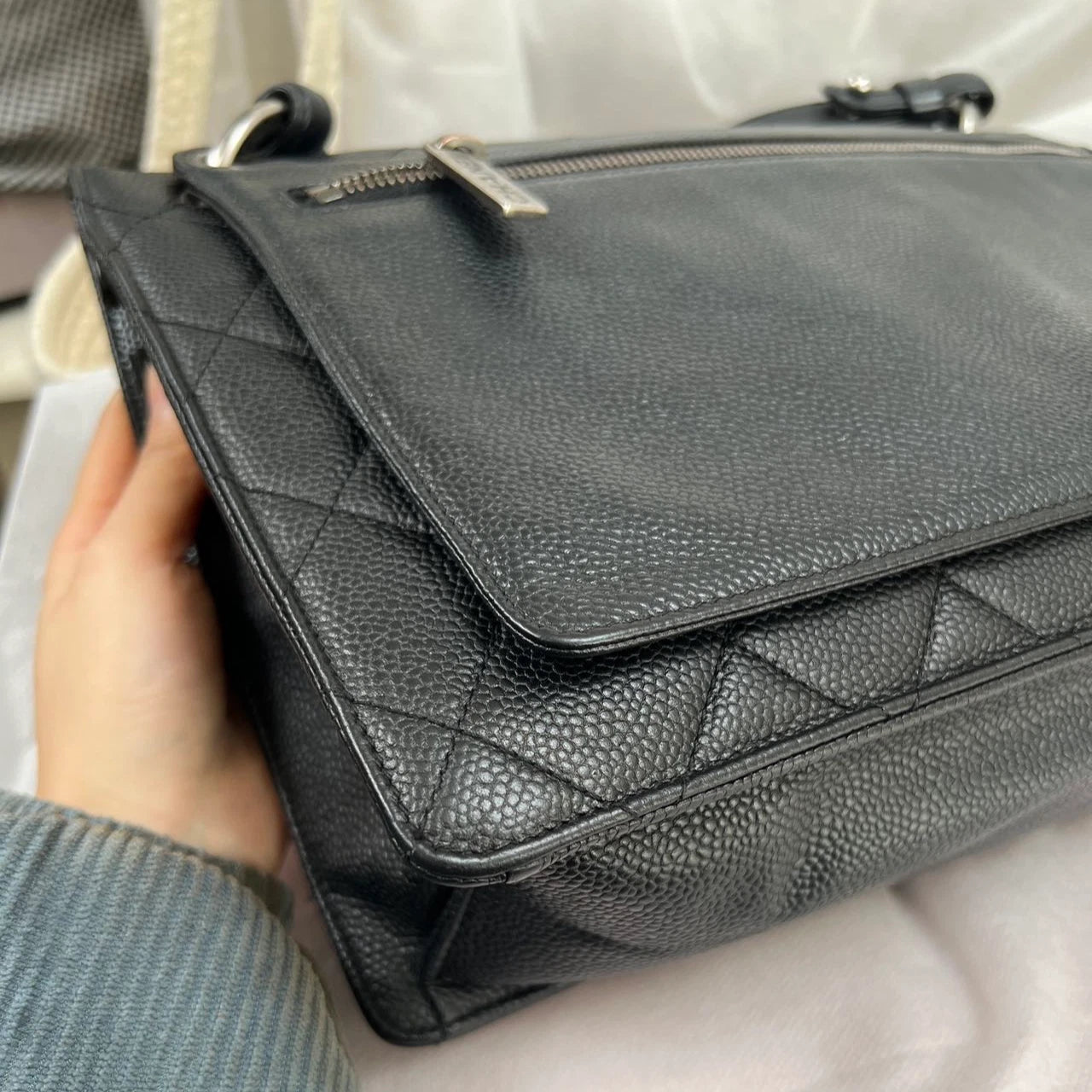 Chanel Bombay Calfskin Chain Shoulder Bag Black Silver Women Classic
