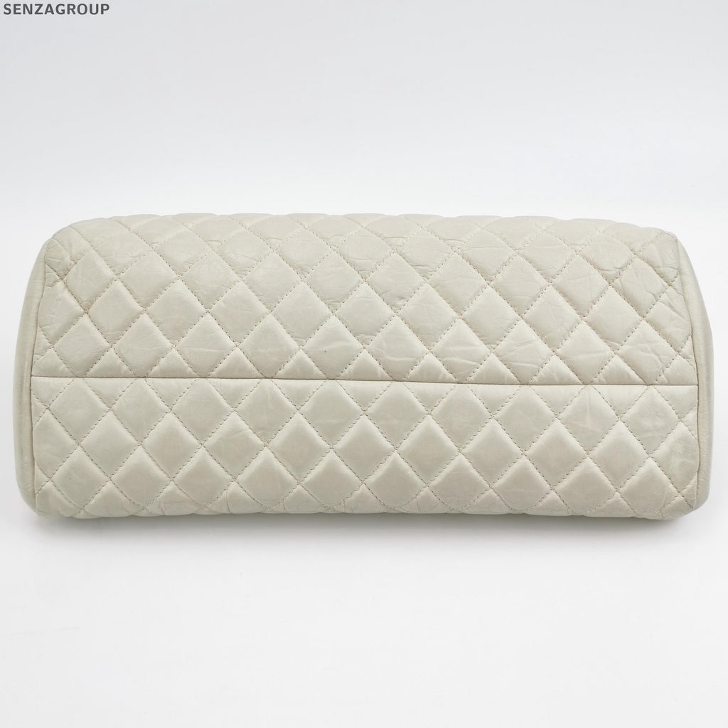 Chanel Bowling Quilted Leather Chain Shoulder Bag - Silver White Classic