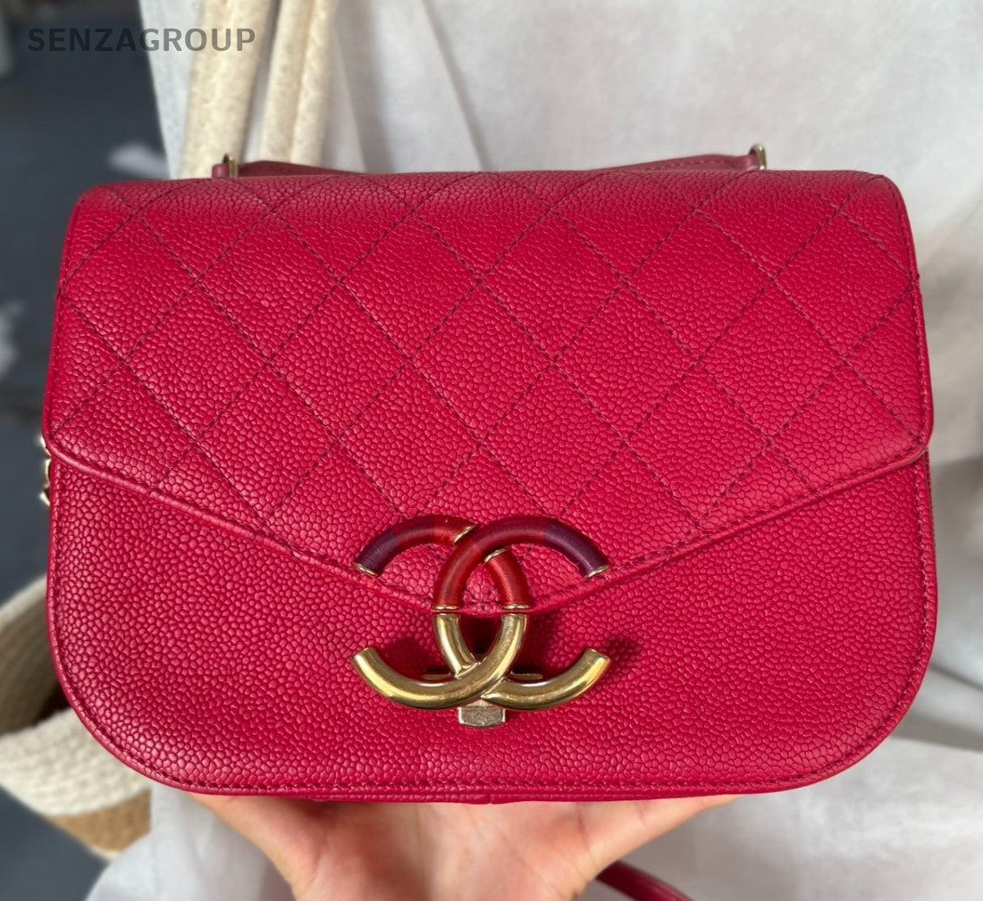 Chanel Coco Curve Calfskin Top Handle Shoulder Bag Crossbody Red Gold Women