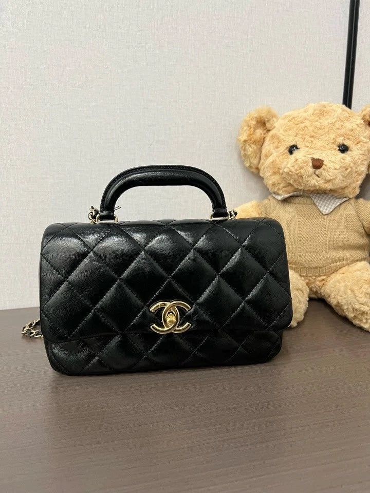 CHANEL Black Gold Leather Top Handle Crossbody Bag For Women