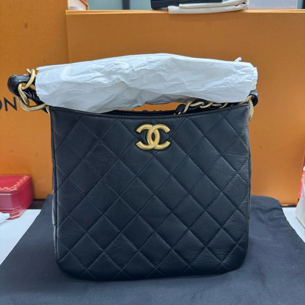 CHANEL Large Black Gold Hobo Shoulder Bag For Women