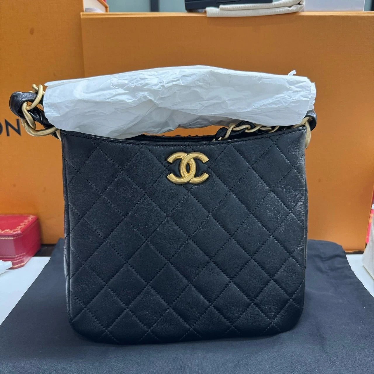 CHANEL Large Black Gold Hobo Shoulder Bag For Women