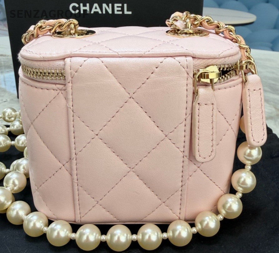 Chanel Diamond Mini Pearl Chain Shoulder Bag Crossbody Pink Gold Women Fashion