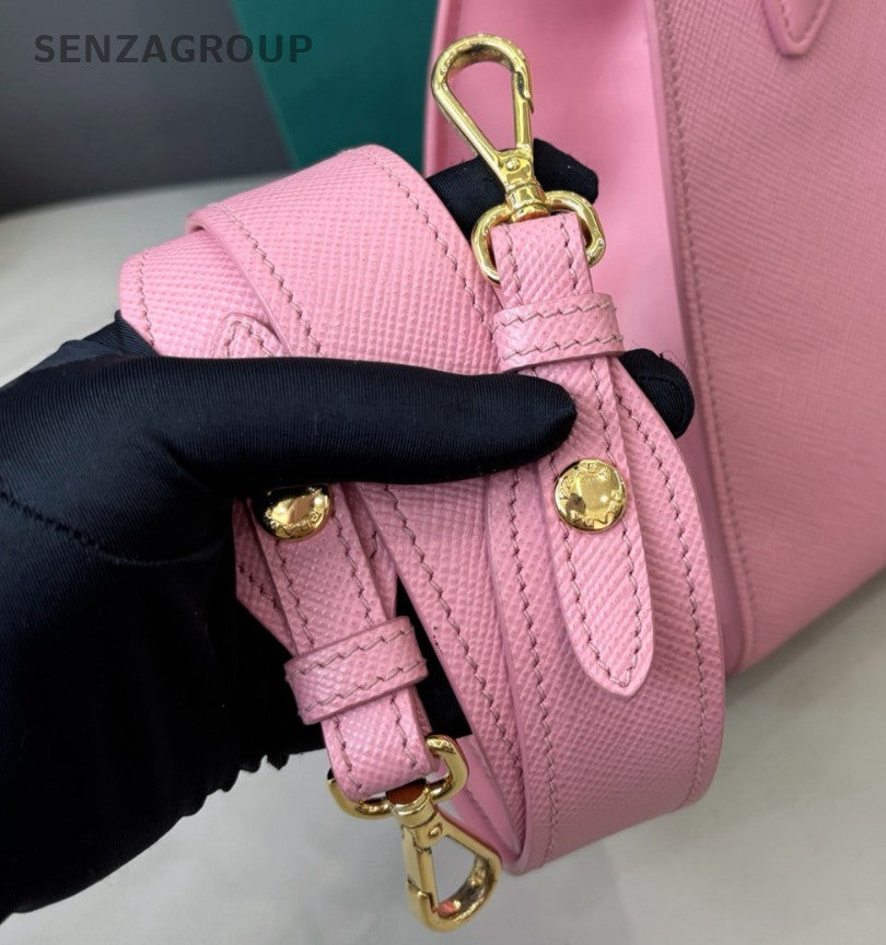 Prada Monochrome Calfskin 2Way Top Handle Bag Crossbody Pink Gold Women Classic