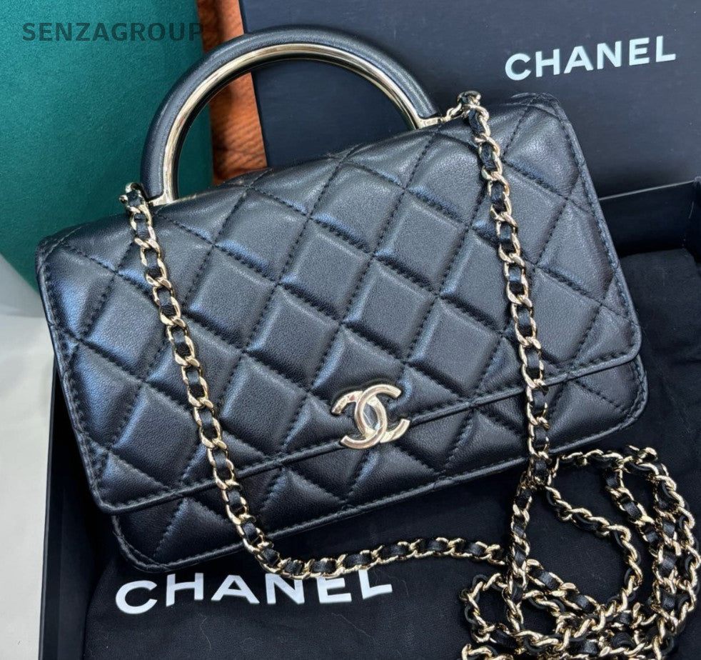 Chanel WOC Diamond Chain Shoulder Bag Crossbody Black Gold Women Classic