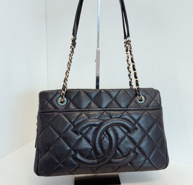 Chanel Calfskin PM Tote Chain Shoulder Bag Black Gold Women Classic Diamond