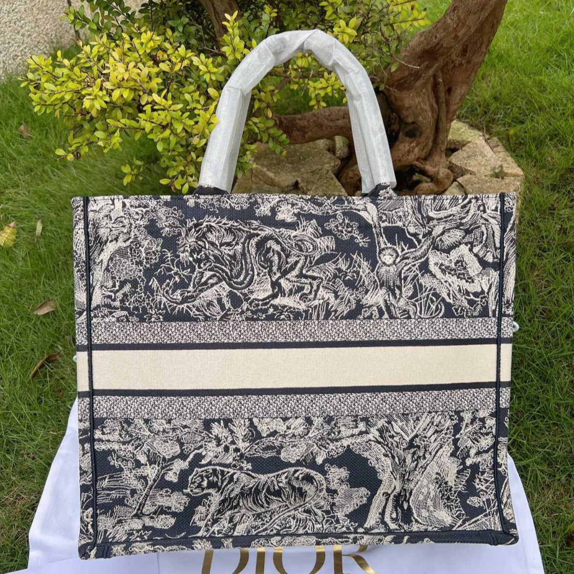 Christian Dior Book Tote GM Top Handle Bag Blue White Used Women Classic