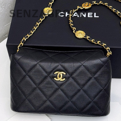 Chanel 24A Black Gold Badge Chain Shoulder Crossbody Bag Quilted Classic