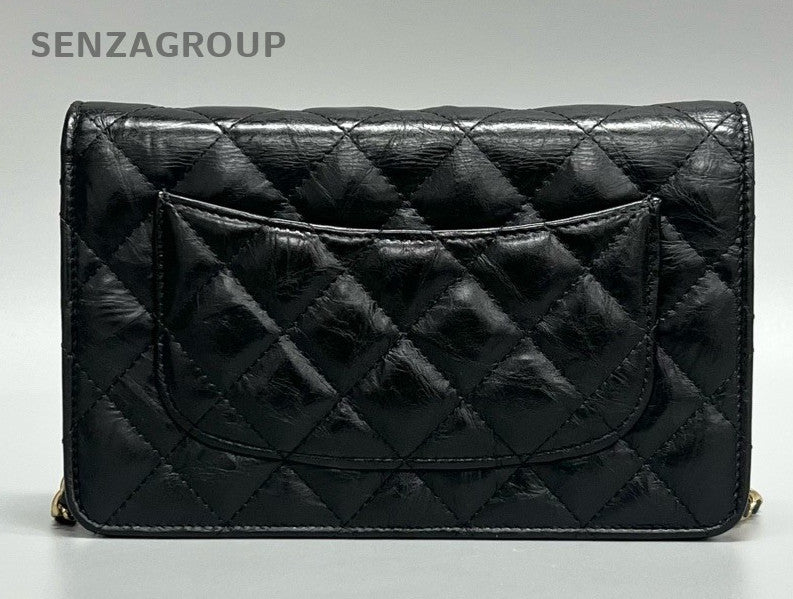 Chanel 2.55 WOC Chain Shoulder Bag Crossbody Black Gold Diamond Women Classic
