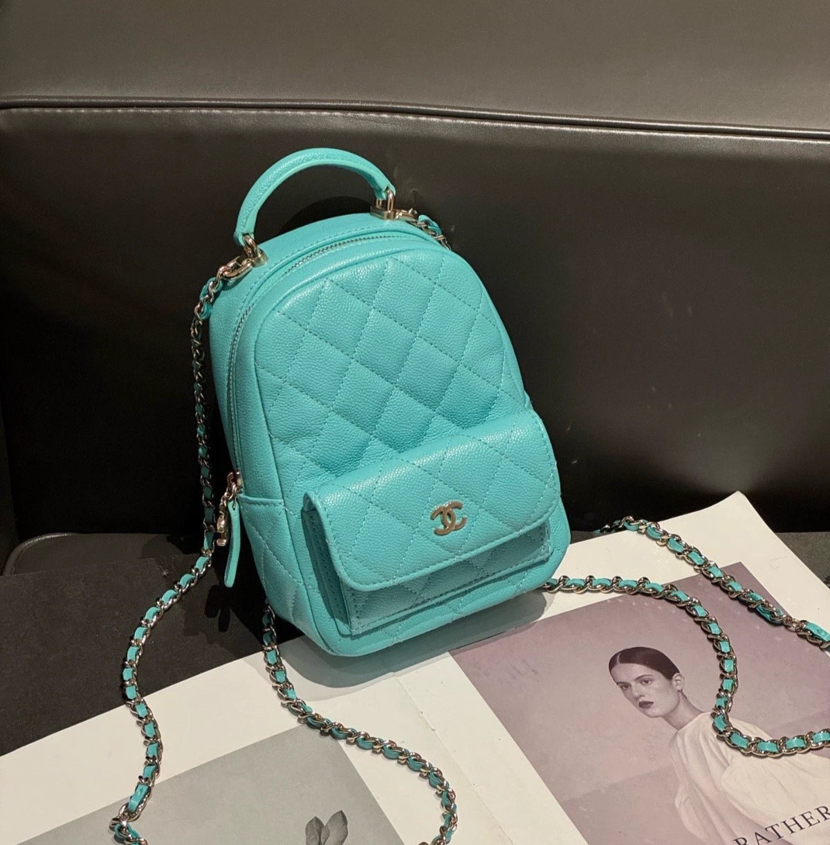Chanel Diamond Calfskin Mini Chain Backpack Blue Gold Women Classic Fashion