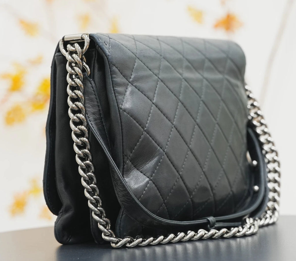 CHANEL Leboy Diamond pattern Chain Shoulder Bag Black Silver - Pre-Owned