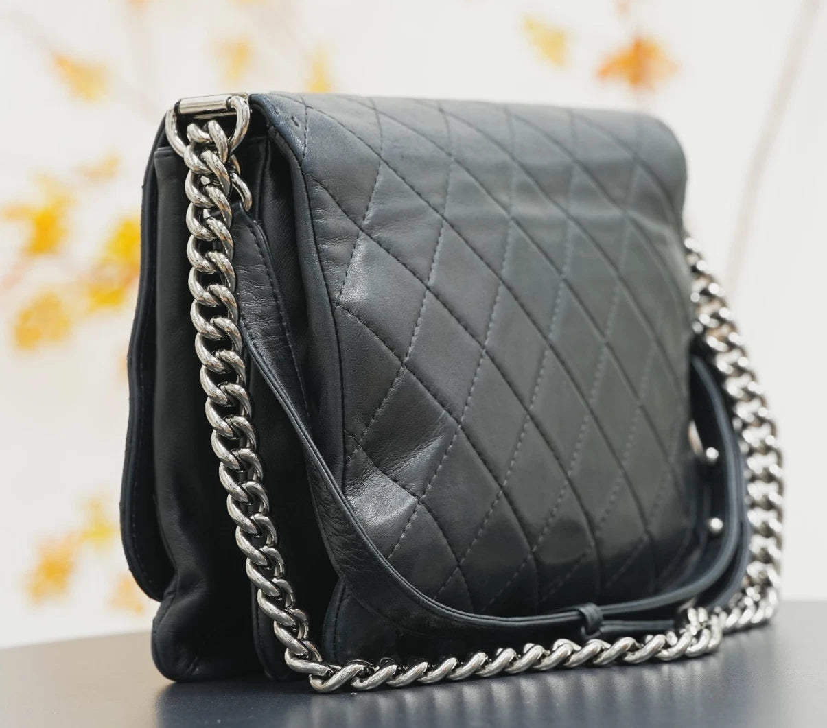 CHANEL Leboy Diamond pattern Chain Shoulder Bag Black Silver - Pre-Owned
