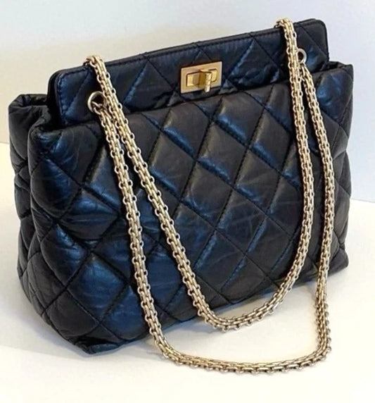 CHANEL 2.55 Black Gold Oil wax leather Shoulder Handbag Classic Small