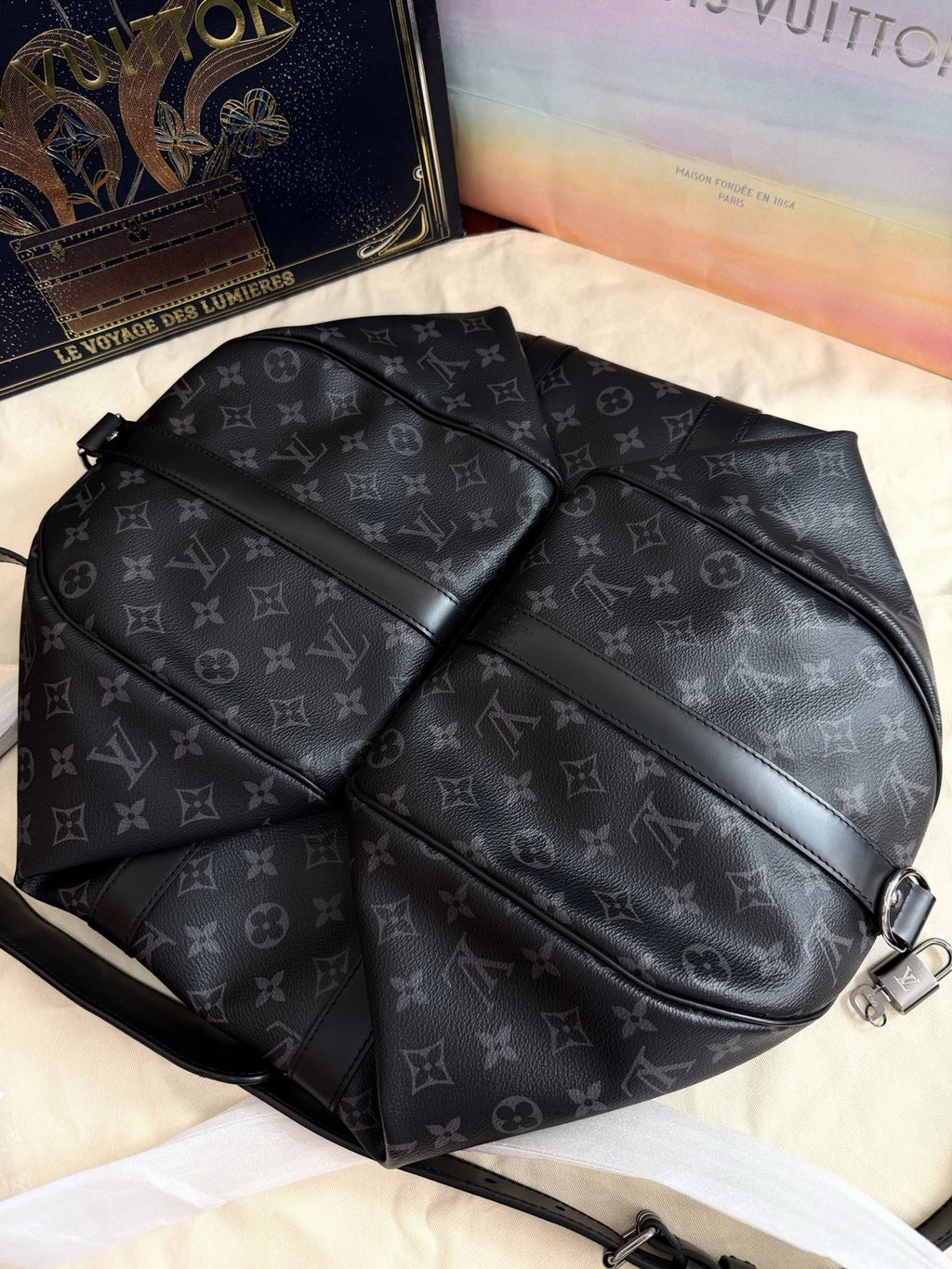 Excellent Louis Vuitton Keepall45 Black Monogram Canvas Handbag Shoulder Bag SHW