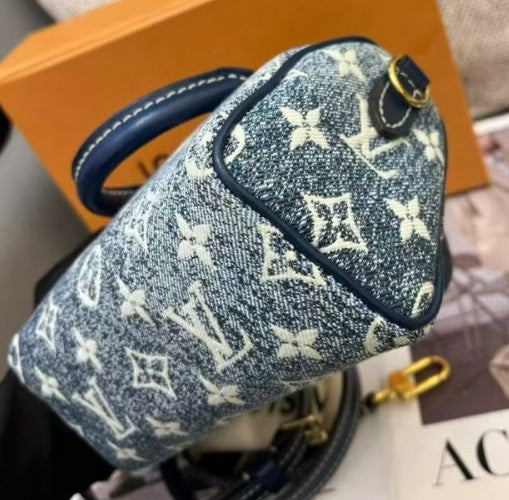 Louis Vuitton Denim Speedy Nano Monogram Top Handle Bag Crossbody Blue  Women