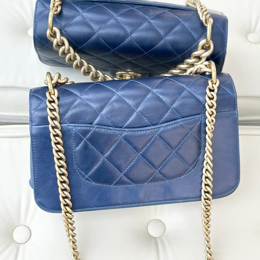 Chanel Diamond PM Chain Top Handle Bag Crossbody Navy Gold Women Classic S
