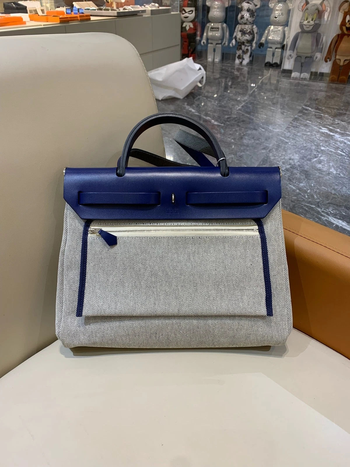 Hermes Herbag31 Canvas Tote Bag For Women Ink Blue Silver