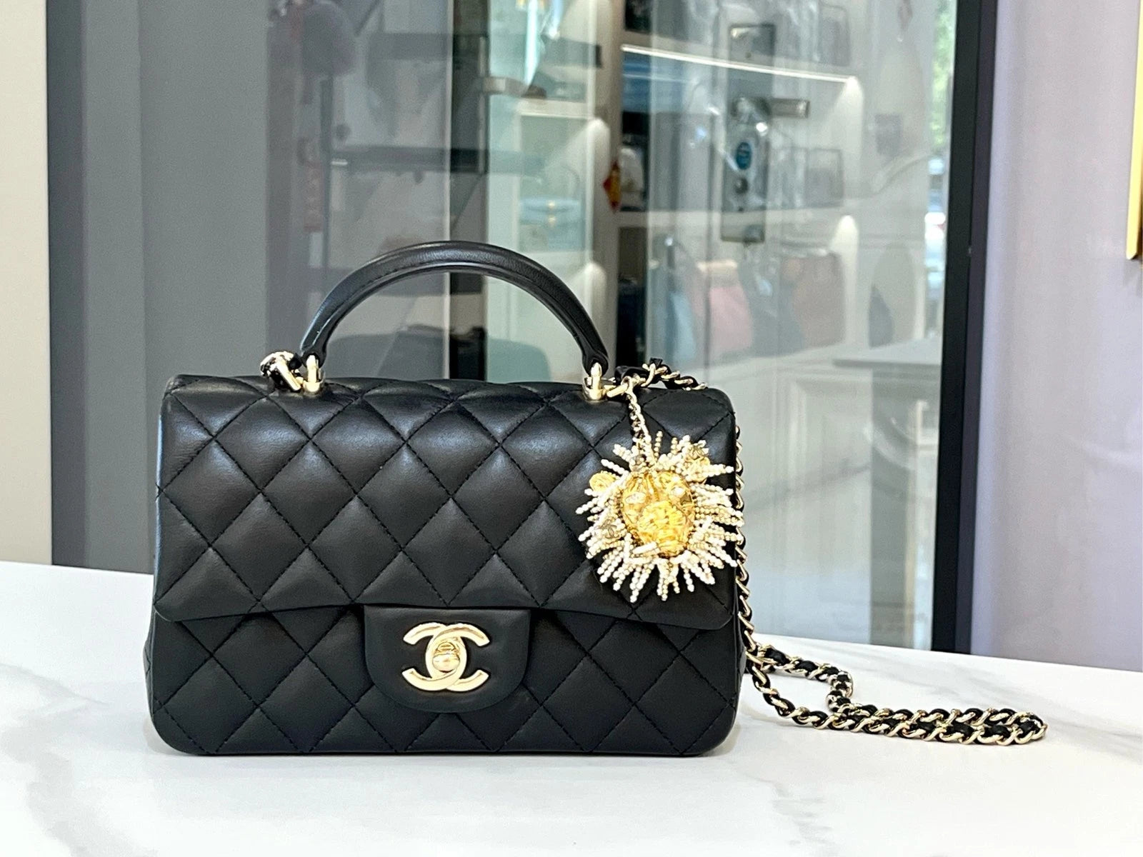 CHANEL CF Big Mini Top Handle Bag Black Lambskin For Women