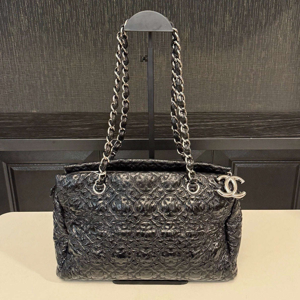 Chanel Tote Chain Shoulder Bag Black Silver Used Women Classic