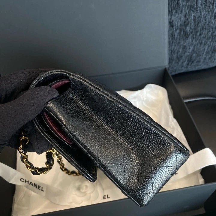 Chanel Classic Flap Calfskin MM Chain Shoulder Bag Black Gold Women D