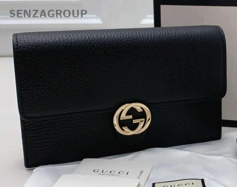 Gucci Calfskin Chain Shoulder Bag Black Gold Women Designer Classic
