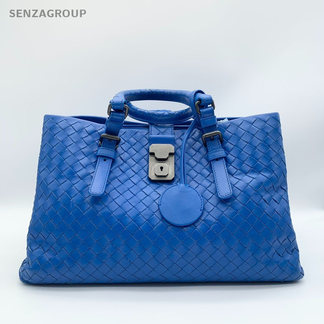 Bottega Veneta Roma PM Calfskin Blue Silver Top Handle Bag Crossbody Women