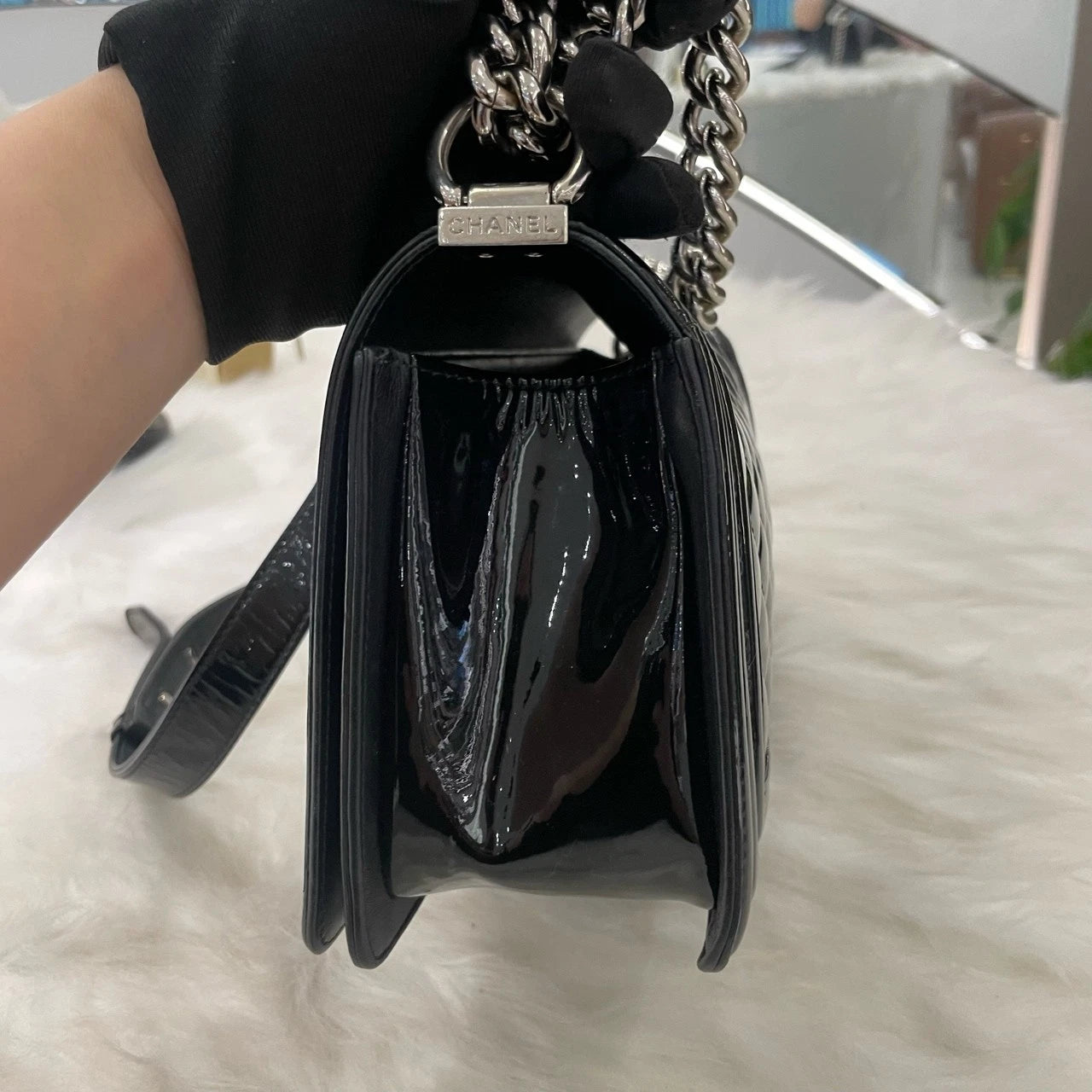 Chanel Le Boy Medium Black Silver Chain Shoulder Bag Quilted