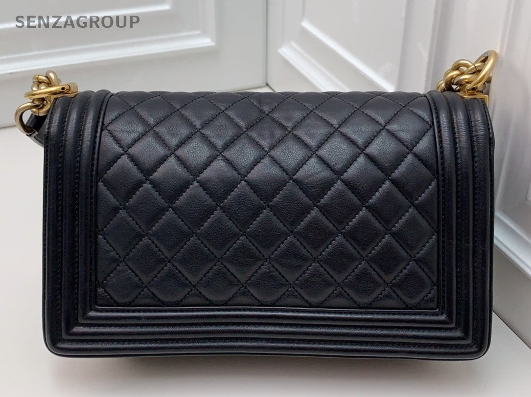 Chanel Leboy Chain Calfskin Shoulder Bag Black Gold Women Classic Diamond