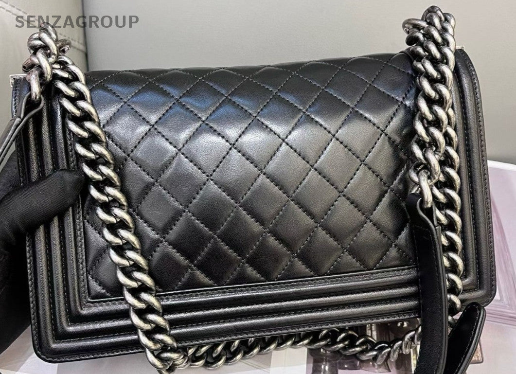 Chanel Leboy MM Lambskin Chain Shoulder Bag Crossbody Silver Black Women Classic