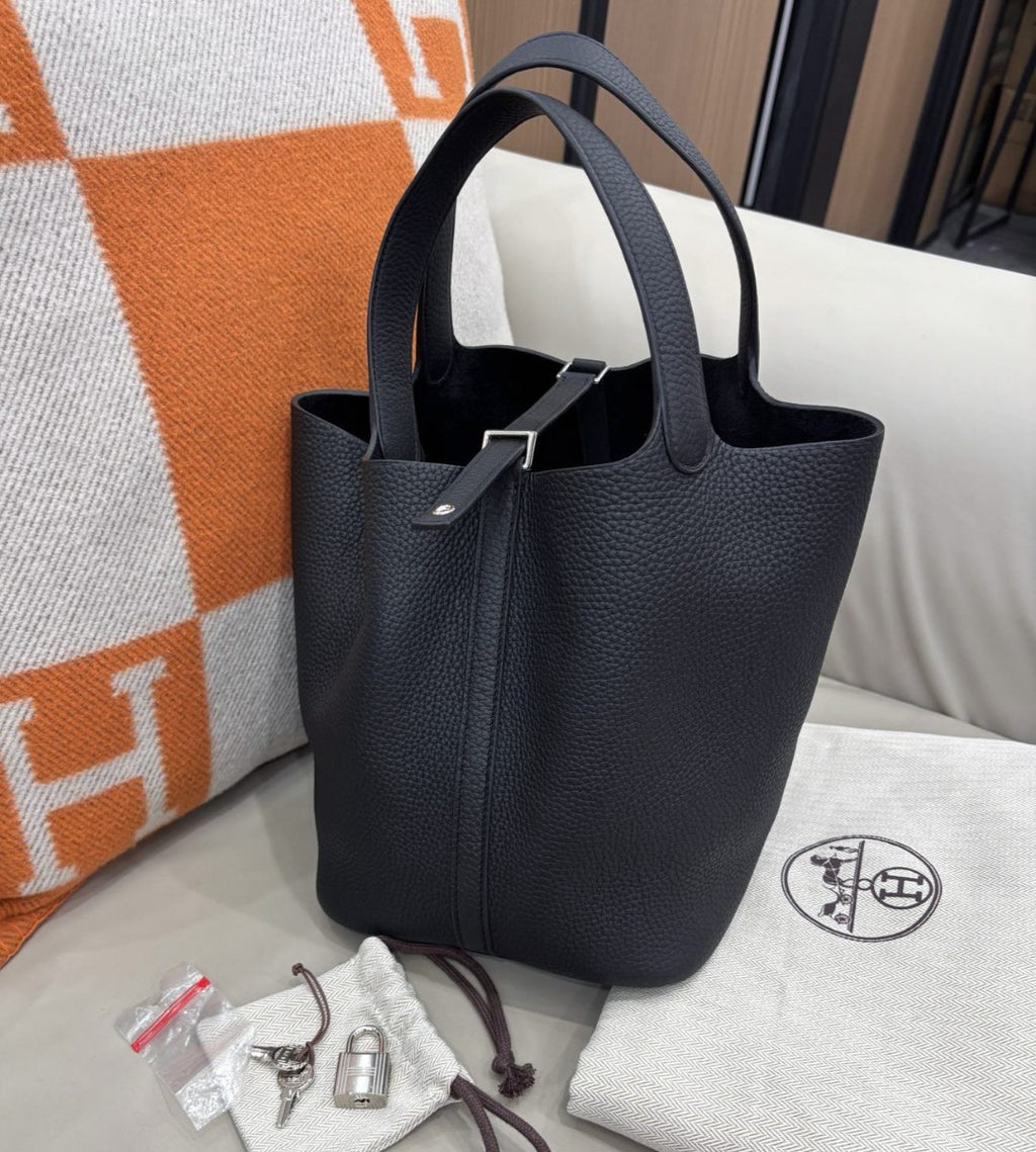 Hermes Picotin22 Top Handle Bag Black Silver Used Women Classic Fashion