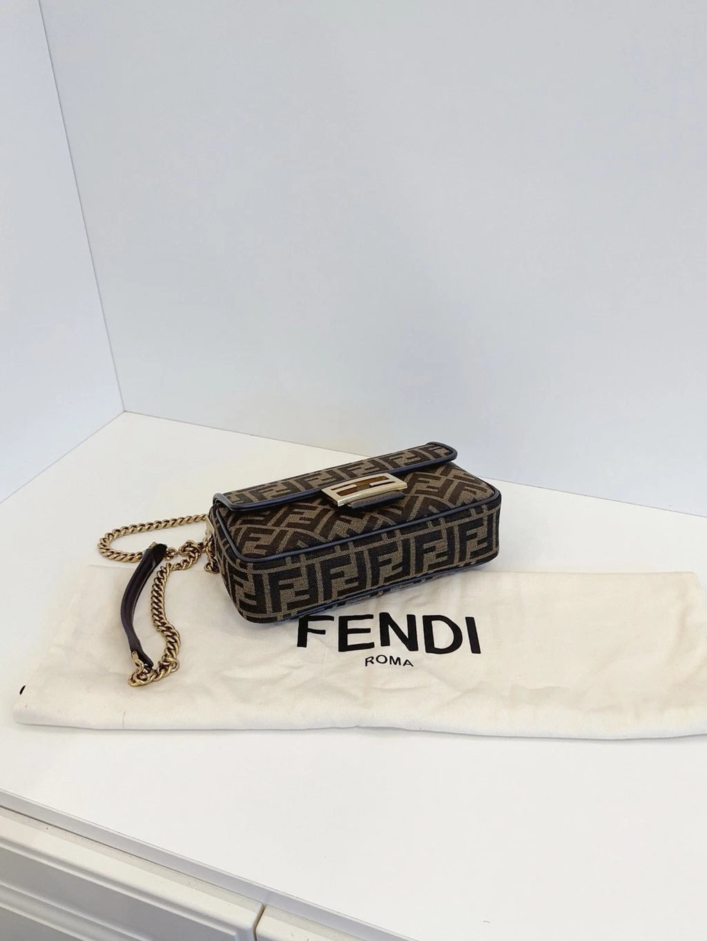 Fendi Baguette Medium FF Logo Chain Shoulder Crossbody Bag Brown