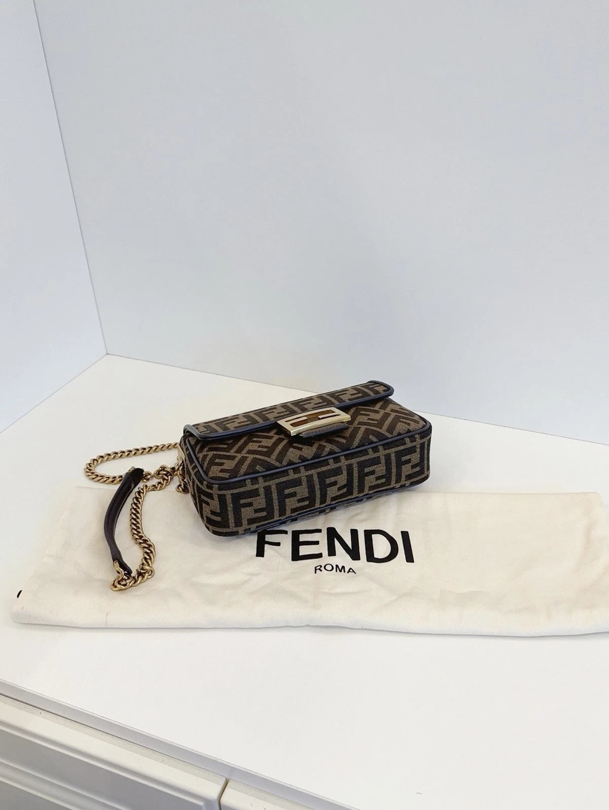 Fendi Baguette Medium FF Logo Chain Shoulder Crossbody Bag Brown