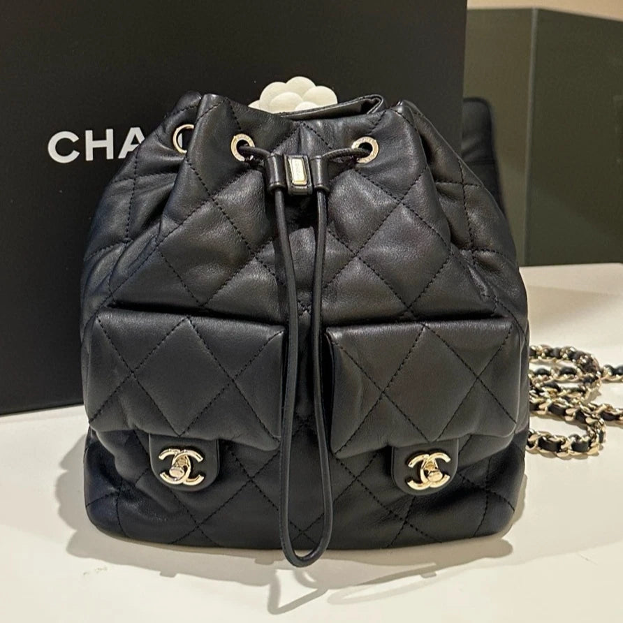 Chanel Quilted Chain Backpack Black Gold Classic Women's Bag