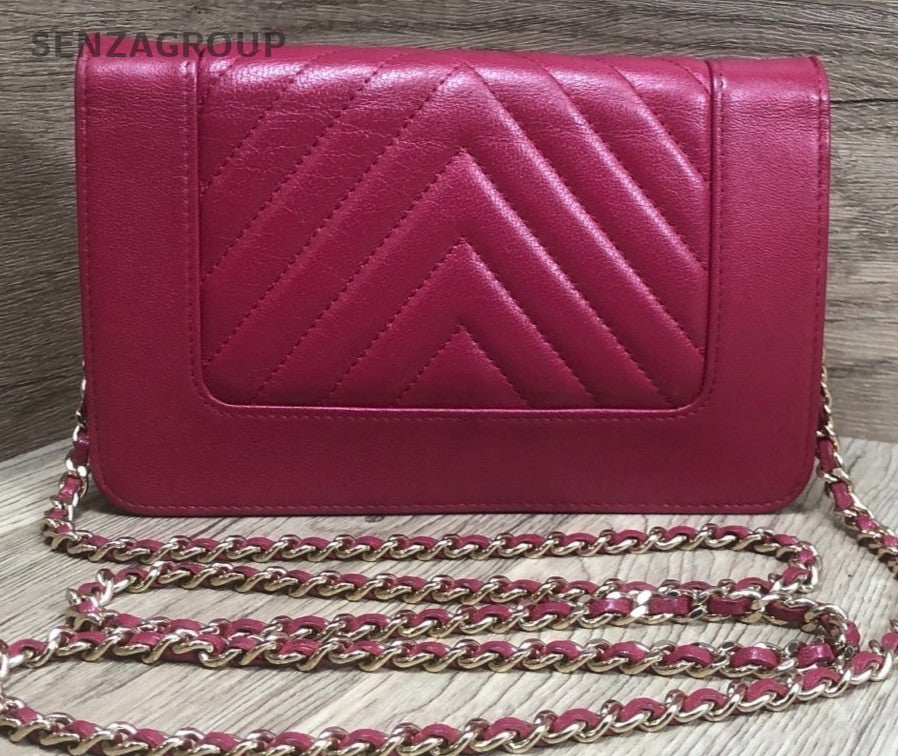 Chanel WOC Chain Shoulder Bag Red Gold Used Women Classic Designer