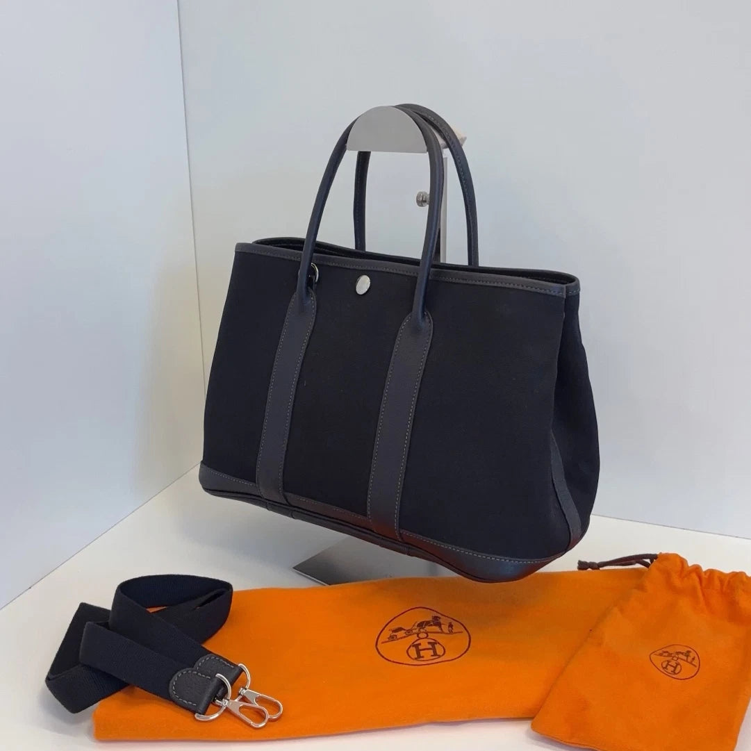 Hermes Garden Party30 Tote Canvas Top Handle Bag Black Silver Women Classic