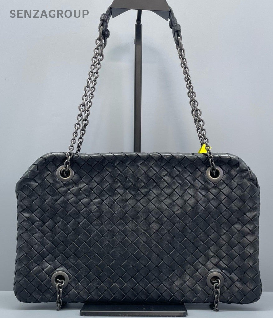 Bottega Veneta Roma Intrecciato Chain Shoulder Bag Black Silver Women Classic