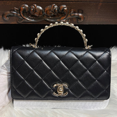 Chanel Black Gold Pearl Handle WOC Chain Crossbody Shoulder Bag