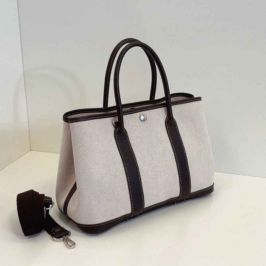 Hermes Garden Party30 Top Handle Shoulder Bag White Brown Silver Women Classic
