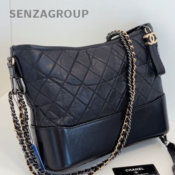 Chanel Gabrielle MM Chain Shoulder Bag Crossbody Black Gold Diamond Women