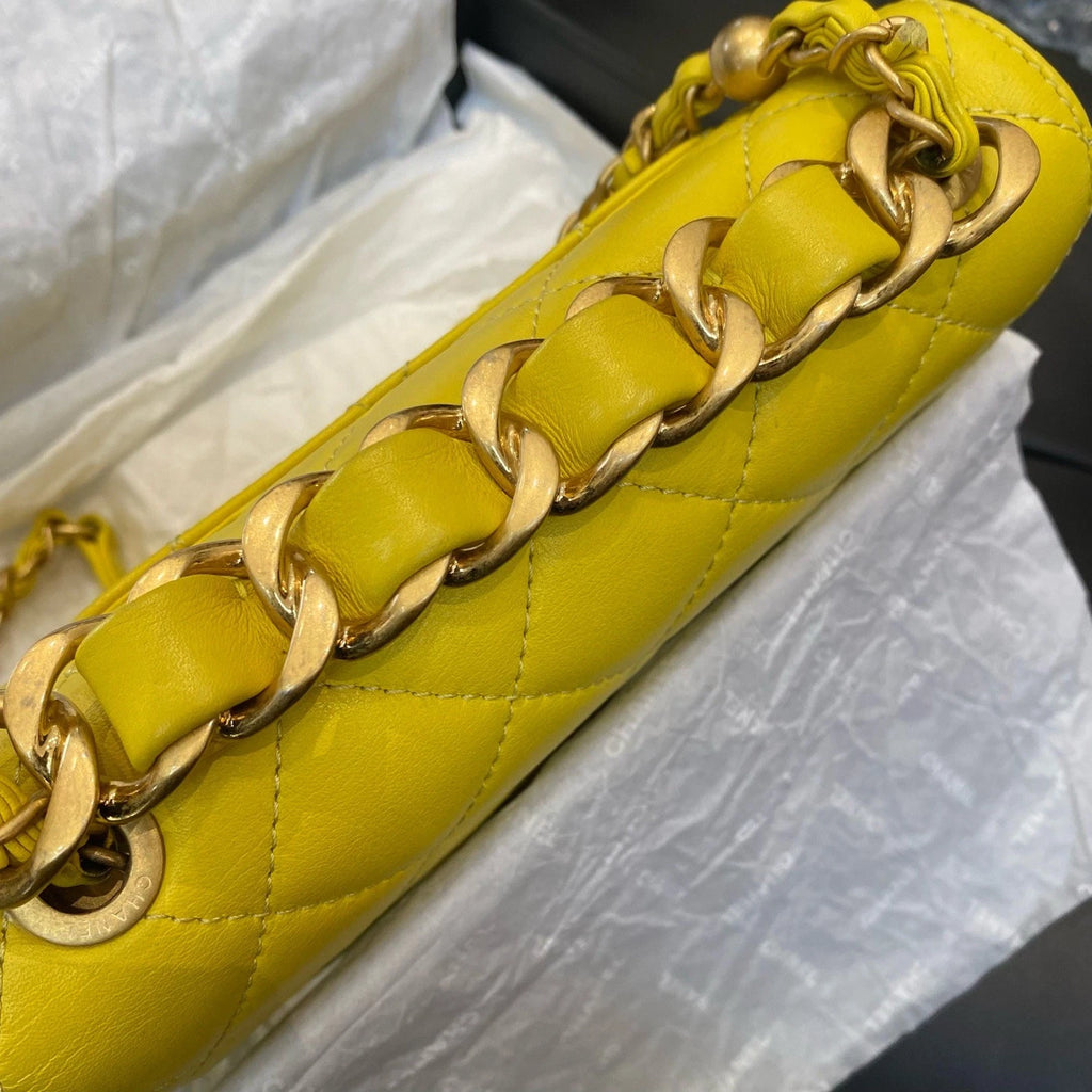 Chanel Calfskin Chain Top Handle Crossbody Diamond Yellow Gold Women Classic