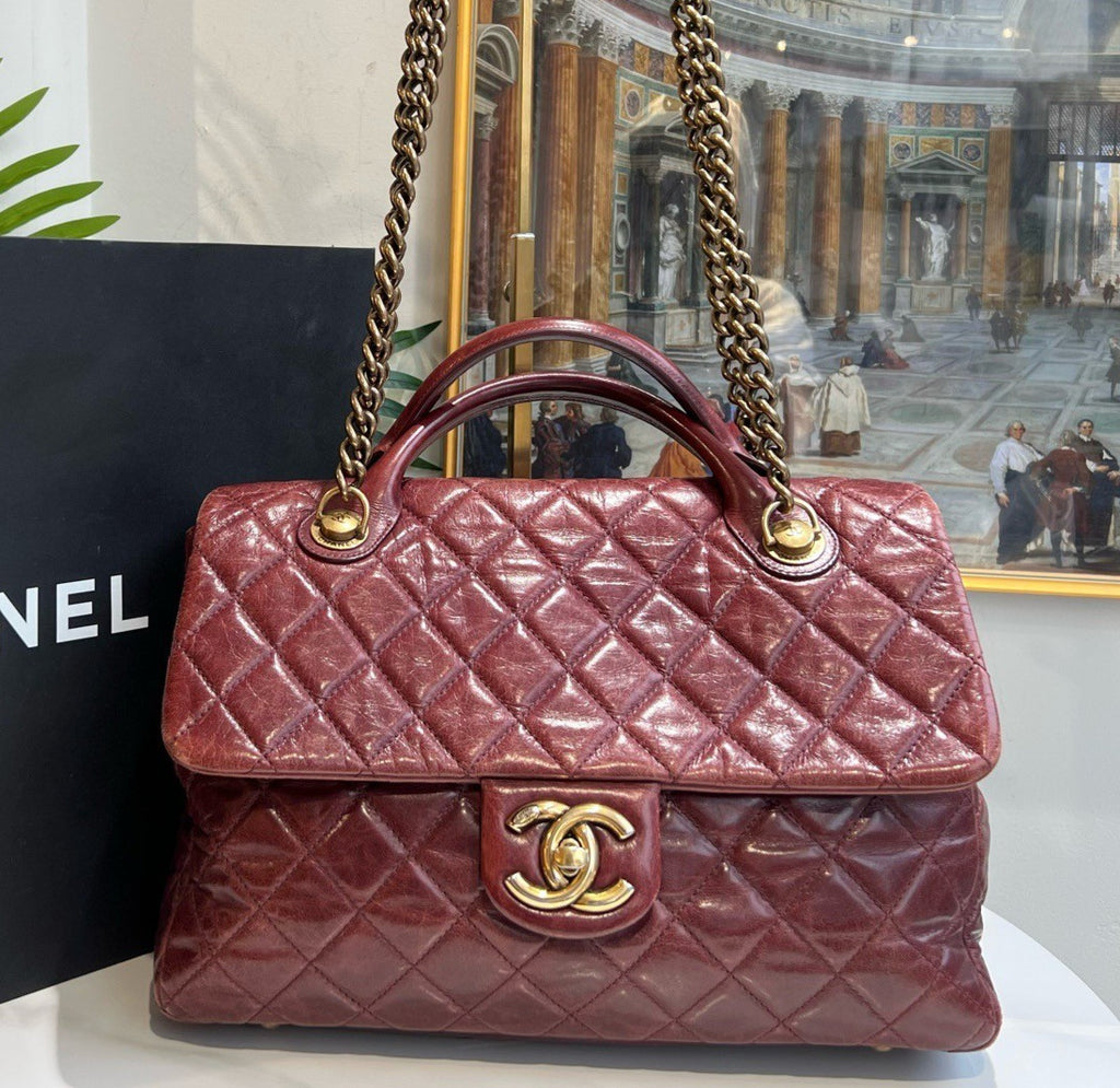 Chanel Classic Flap Diamond Top Handle Shoulder Bag Crossbody Red Gold Women