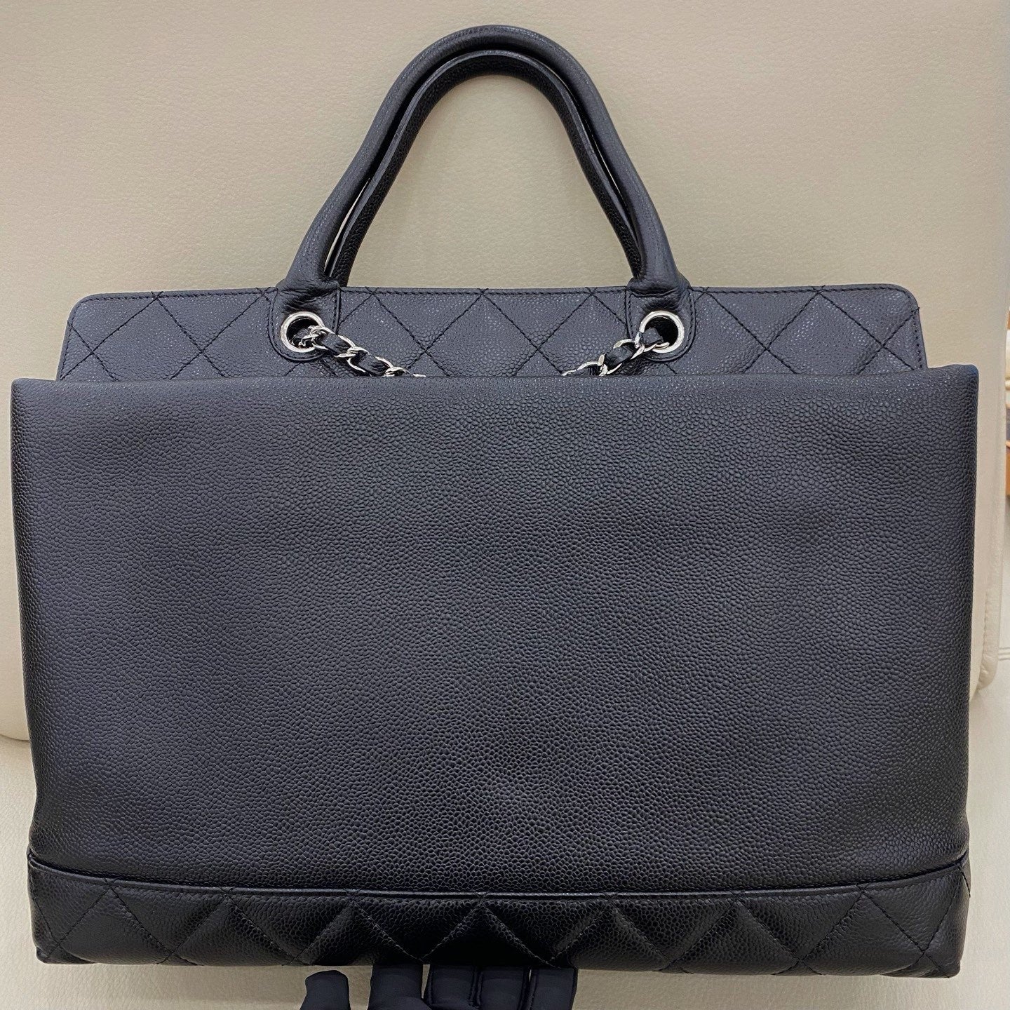 Chanel Calfskin GM Tote Shoulder Bag Black Silver Used Women Classic