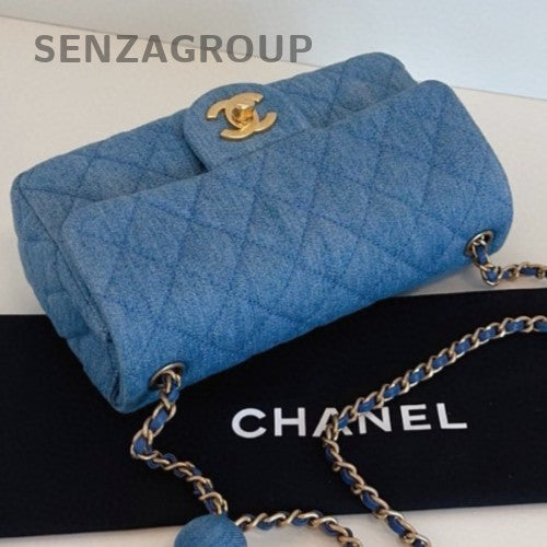 Chanel Classic Flap Mini Chain Shoulder Bag Crossbody Blue Gold Women Fashion