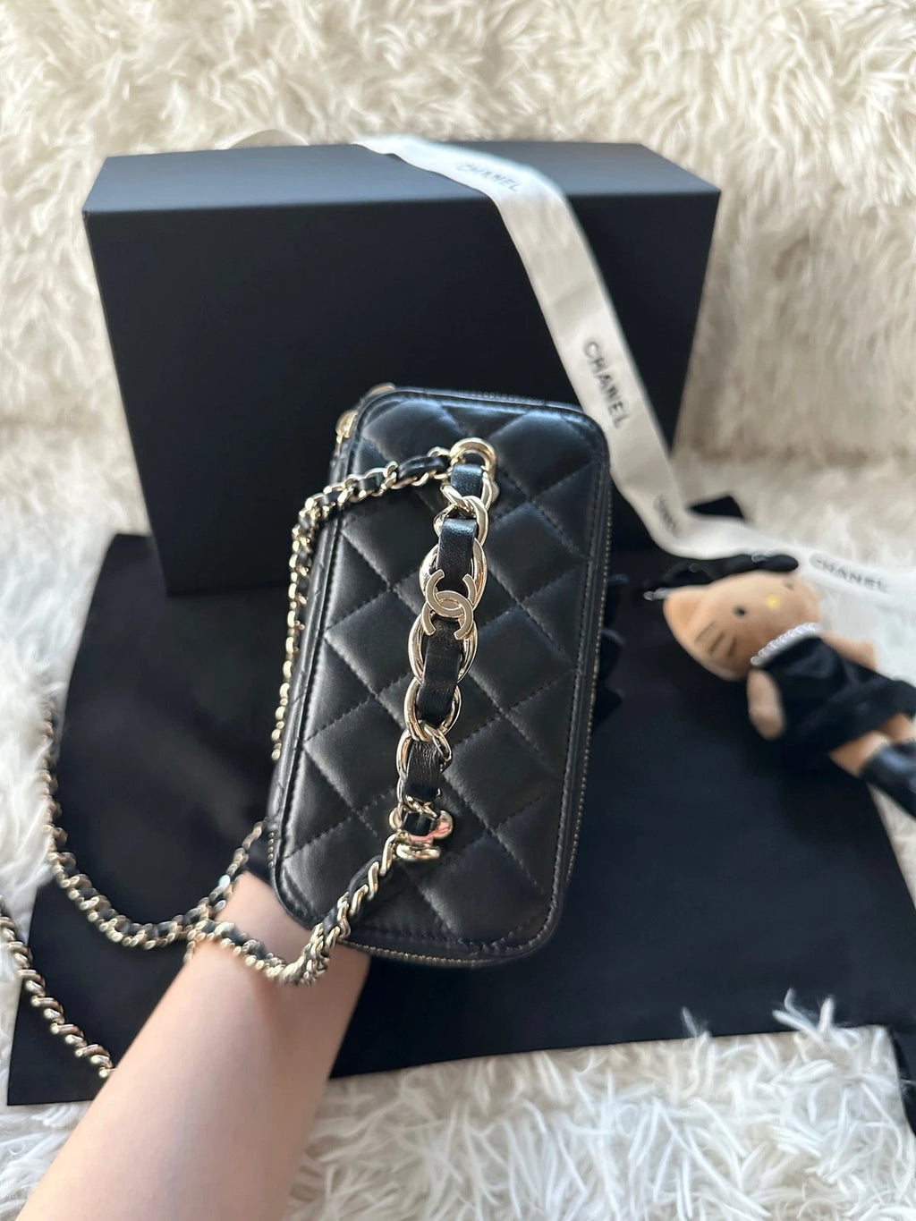 Chanel Logo Top Handle Long Box Black Lambskin Bag For Women