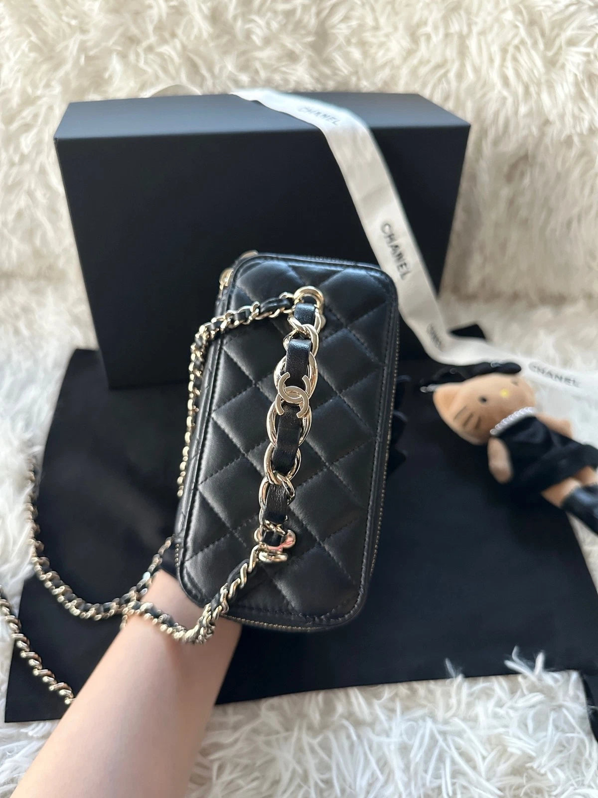 Chanel Logo Top Handle Long Box Black Lambskin Bag For Women