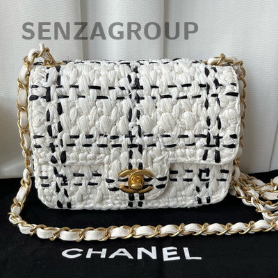 Chanel CF Black White Raffia Chain Shoulder Crossbody Bag Women