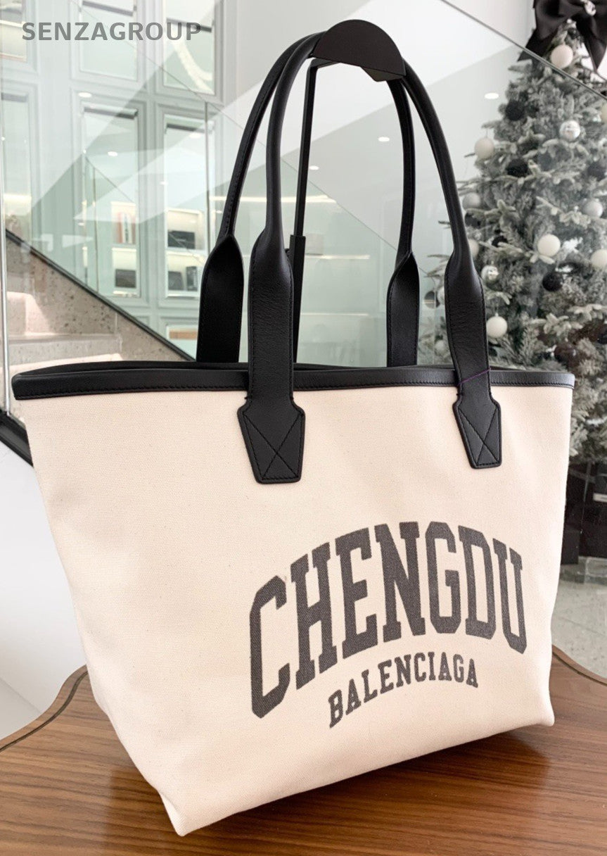 Balenciaga City Series CHENDU Canvas Leather Top Handle Shoulder Bag Women White