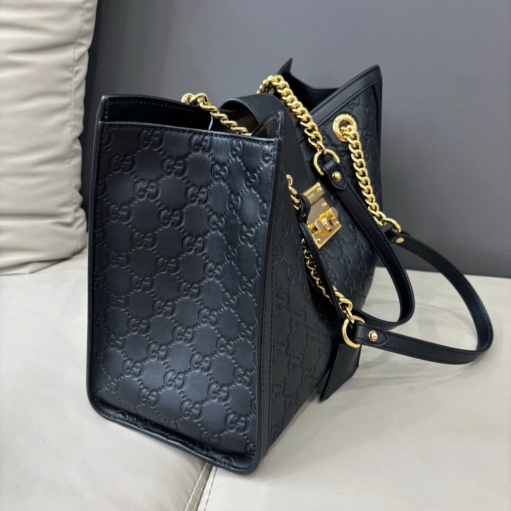 Authentic Gucci Padlock GM Calfskin Gold Chain Black Tote Shoulder Bag