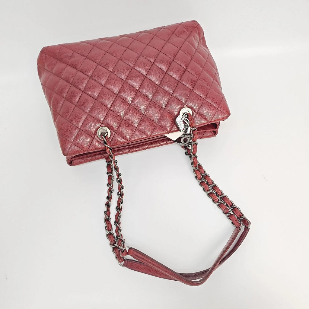 CHANEL Red Leather Tote Chain Shoulder Bag For Women